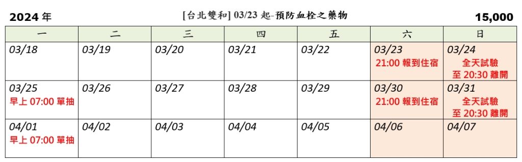 [台北雙和] 03/23起-預防血栓之藥物 (已額滿)
