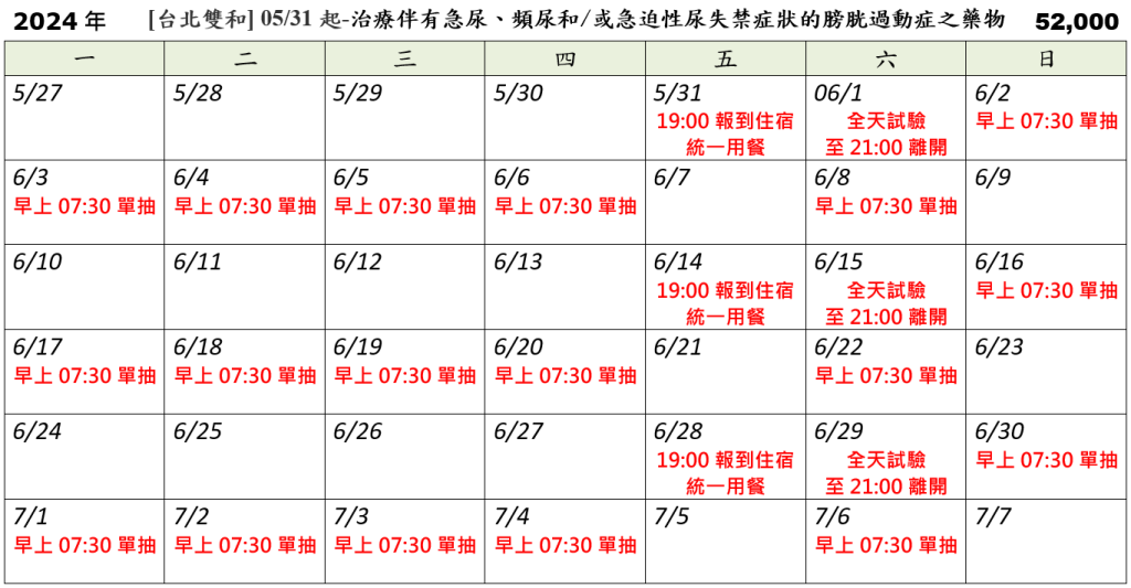 [台北雙和] 05/31起-治療伴有急尿、頻尿和/或急迫性尿失禁症狀的膀胱過動症之藥物 (2024.05.14已額滿)