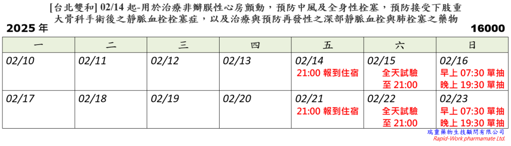 [台北雙和] 02/14起-用於治療非瓣膜性心房顫動，預防中風及全身性栓塞，預防接受下肢重大骨科手術後之靜脈血栓栓塞症，以及治療與預防再發性之深部靜脈血栓與肺栓塞之藥物 (2025.01.06已額滿)