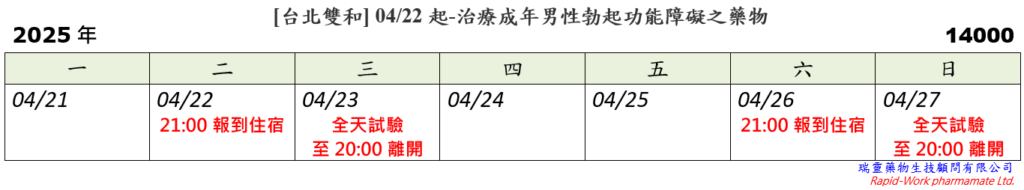 [台北雙和] 04/22起-用於治療成年男性勃起功能障礙之藥物 (2025.04.02已額滿)