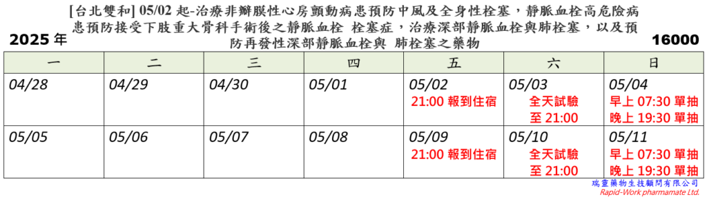 [台北雙和] 05/02起-用於非瓣膜性心房顫動病患預防中風及全身性栓塞，靜脈血栓高危險病患預防接受下肢重大骨科手術後之靜脈血栓栓塞症，治療深部靜脈血栓與肺栓塞，以及預防再發性深部靜脈血栓與肺栓塞之藥物 (2025.04.28已額滿)
