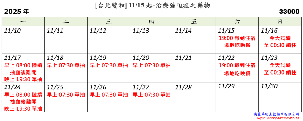 [台北雙和] 11/15起-治療強迫症之藥物 (2025.11.05已額滿)