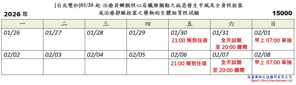 [台北雙和] 01/30起-治療非瓣膜性心房纖維顫動之病患發生中風及全身性栓塞或治療靜脈栓塞之藥物(2026.01.23已額滿)