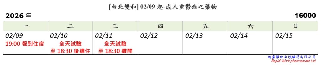 [台北雙和] 02/09起-治療成人重鬱症之藥物(2026.02.03已截止)