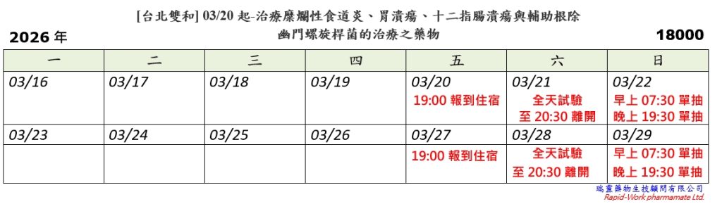 [台北雙和] 03/20起-治療糜爛性食道炎、胃潰瘍、十二指腸潰瘍與輔助根除幽門螺旋桿菌的治療之藥物(2026.02.26發佈no.18.00)