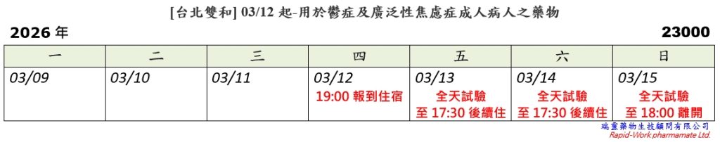 [台北雙和] 03/12起-治療成人重鬱症之藥物(2026.02.26已額滿)