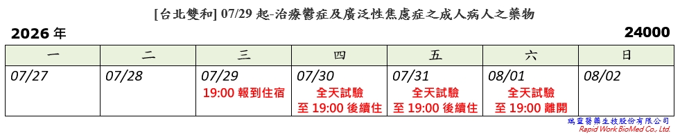 [台北雙和] 07/29起-治療鬱症及廣泛性焦慮症之成人病人之藥物(2026.07.03發佈no.24.00)